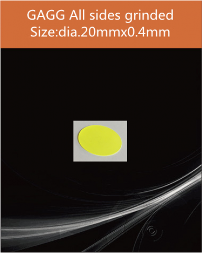 GAGG Ce scintillation crystal, GAGG Ce crystal, GAGG scintillator, Ce:Gd3Al2Ga3O12 crystal, dia.20x0.4mm all sides grinded